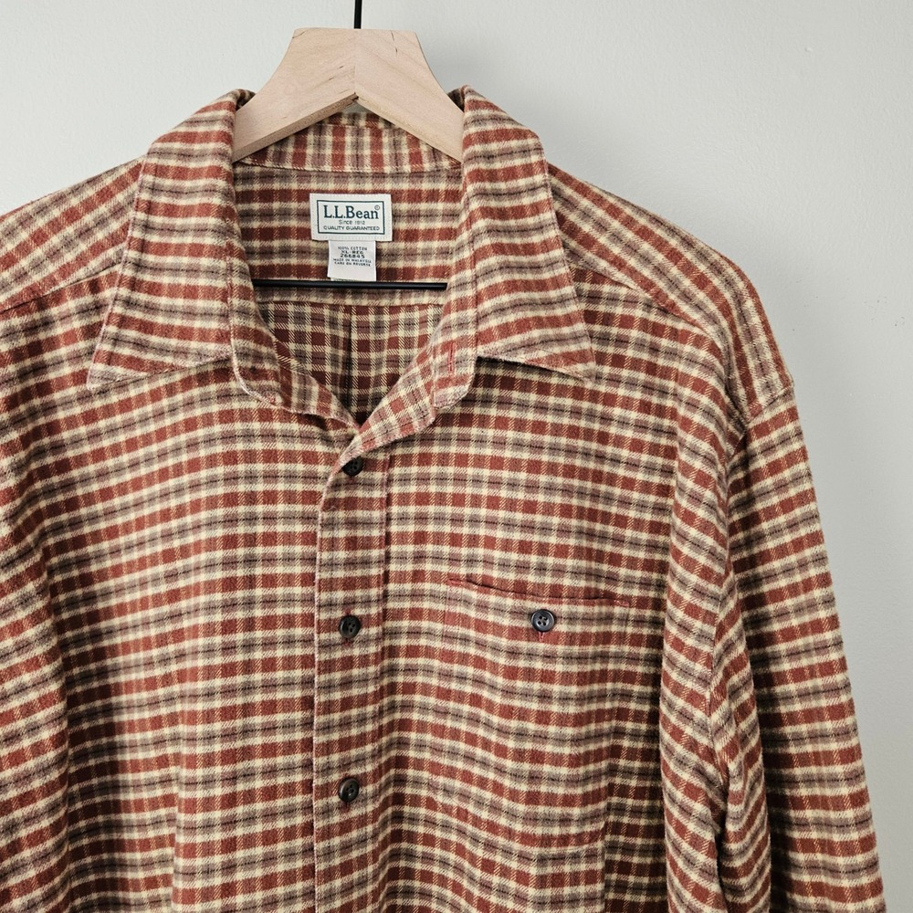 Vintage LL Bean Thick Flannel Button Front Shirt Men's XL Reg Taupe Rust Tan